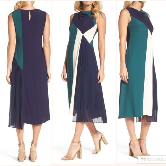 colorblock pleated midi dress